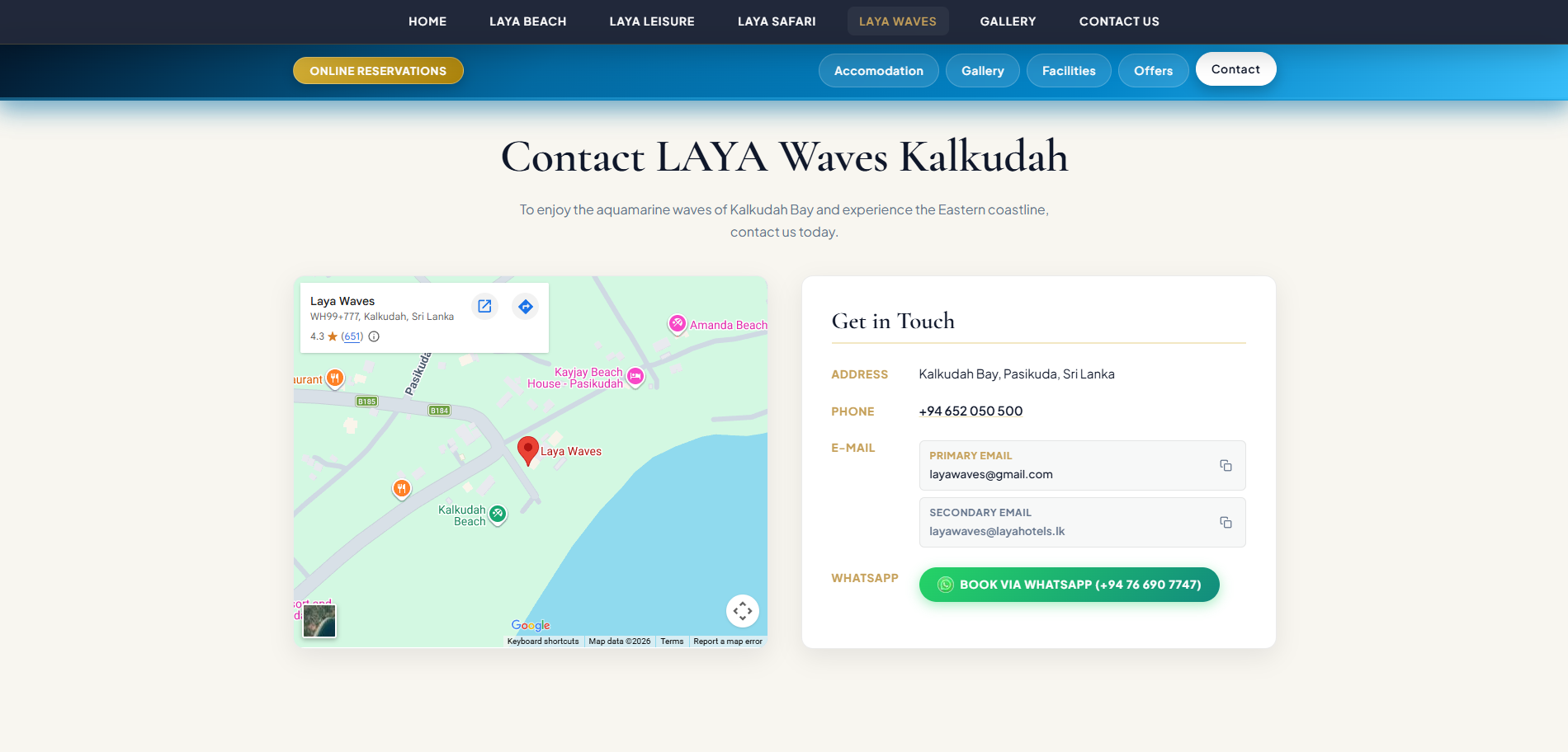 Laya Waves Kalkudah Contact Page